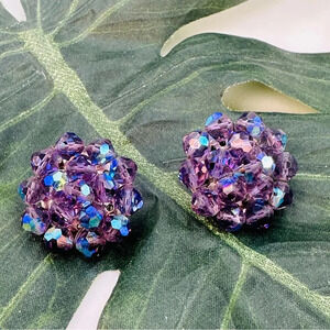 Vintage Purple Cluster Glass Bead Earrings Clip On Aurora Borealis Iridescent